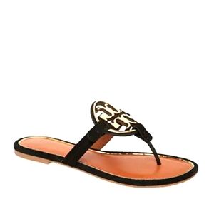 🌱 Tory Burch Miller Metal Logo Leather Sandal Black and Gold Size 5.5